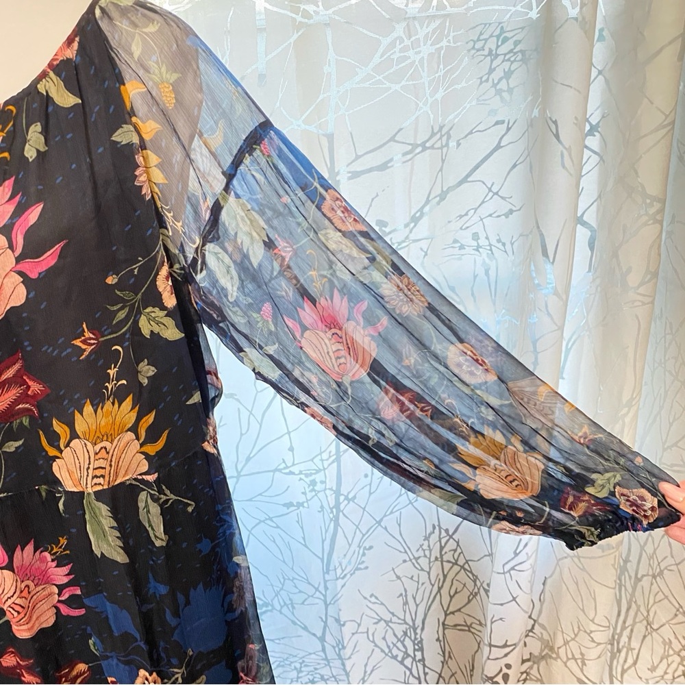 JOHNNY WAS NAVY BLUE GREEN FLORAL PRINT SILK SHEER LONG SLEEVE TAURI MAXI DRESS - Picture 7 of 13